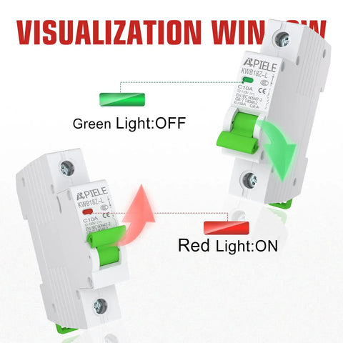 Front view of DC Circuit Breaker 12 To 110V DC 16A 1 Pole For Solar PV And Battery Power Systems with green and red indicator lights.
