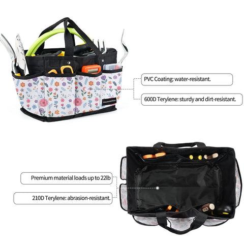 Deluxe Garden Tool Tote Bag With Pockets, 14 inch, sturdy 600D fabric, white floral design, top and side views with tools