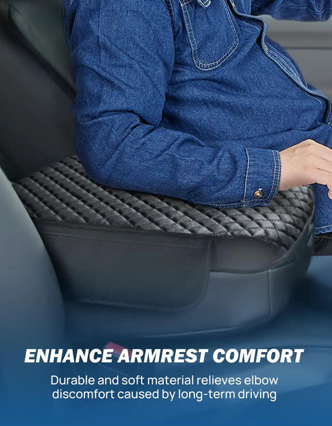 Person resting arm on center console cover for Ram 2002 to 2012 1500 2500 3500 jump seat console leather armrest cover with two handy pockets.