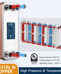 4x12 Inch Water-To-Water Brazed Plate Heat Exchanger, 11 Plates, 1 In MPT Port, 316L Stainless Steel Copper-Brazed Core for Water Heating