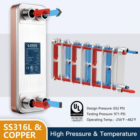 4x12 Inch Water-To-Water Brazed Plate Heat Exchanger, 11 Plates, 1 In MPT Port, 316L Stainless Steel Copper-Brazed Core for Water Heating