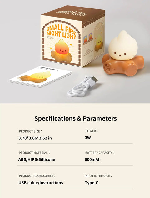 Lit Campfire Night Light Portable Flameless Candle with USB cable, instructions, and packaging on display.