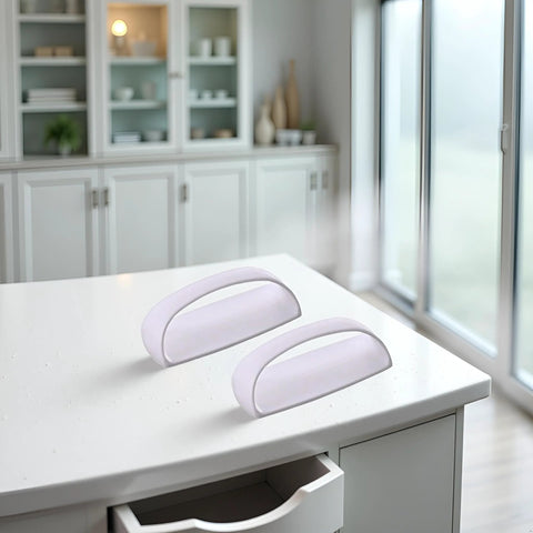 Two Pack White Adhesive Handles Self Stick Wardrobe And Cabinet Pulls on white table in modern kitchen
