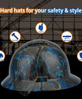 Full Brim Hard Hat with 6 Point Ratchet Suspension OSHA Safety Helmet in blue and black, highlighting features and design.