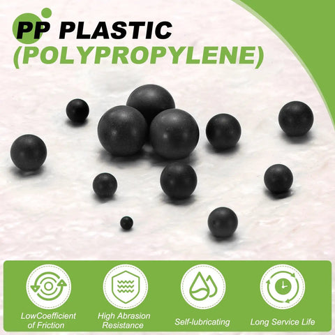 200 Pcs Polypropylene Plastic Bearing Balls 5Mm Solid Mini Spheres G2 Precision Low Friction gear components in varying sizes.