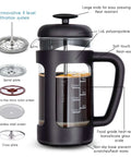 12 Oz French Press Coffee And Tea Maker With Borosilicate Glass Carafe And Soft Grip Handle No Fuss Four Level Filtration System Featuring Extra Fine Stainless Steel Mesh For Rich Smooth Brew At Home Or Office, front view with labeled parts