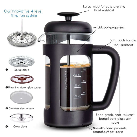 12 Oz French Press Coffee And Tea Maker With Borosilicate Glass Carafe And Soft Grip Handle No Fuss Four Level Filtration System Featuring Extra Fine Stainless Steel Mesh For Rich Smooth Brew At Home Or Office, front view with labeled parts