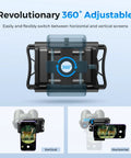 Phone Adapter With 360 Rotating Mount For Android And iPhone showing vertical and horizontal positions for easy adjustment.