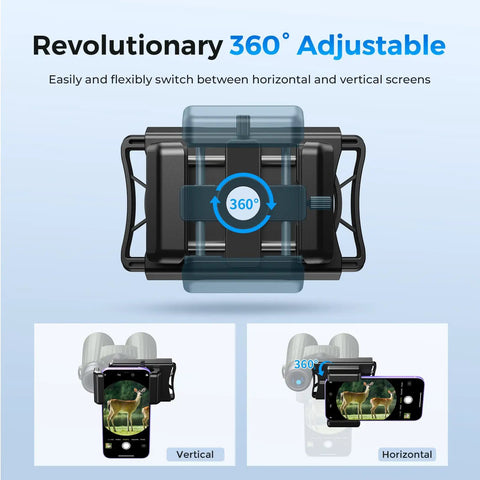 Phone Adapter With 360 Rotating Mount For Android And iPhone showing vertical and horizontal positions for easy adjustment.