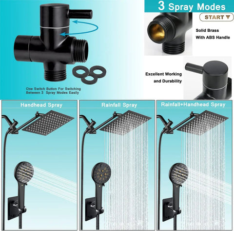 10 Inch High Pressure Rain Shower Head With 6 Settings And Handheld Combo, showing 3 spray modes and square black finish.