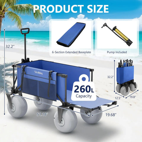 10 Inch Inflatable PU Balloon Wheels Beach Wagon, Beast Of A Heavy Duty Cart With 440 Lb Capacity, Rear Tailgate, Blue