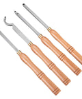 Four-piece wood turning tool set with wooden handles and carbide cutters (diamond, round, square)