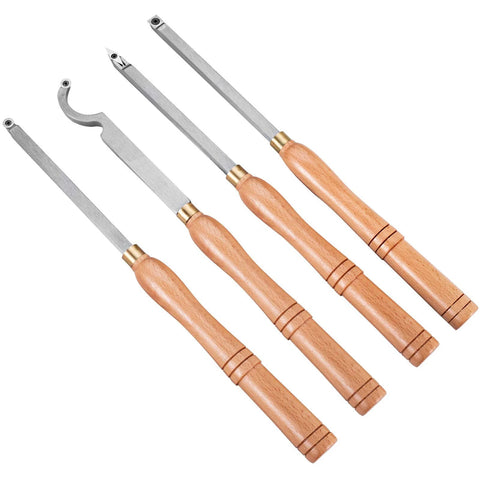 Four-piece wood turning tool set with wooden handles and carbide cutters (diamond, round, square)