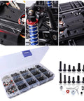 Ultimate 500Pcs RC Screw Kit Set for Traxxas Axial HPI Arrma Losi 1/8 1/16 scale cars with clear storage box and screws displayed.