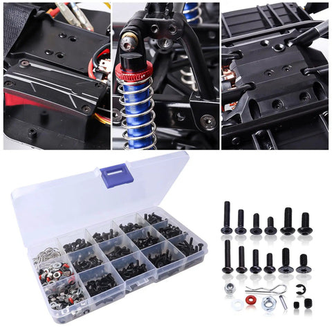 Ultimate 500Pcs RC Screw Kit Set for Traxxas Axial HPI Arrma Losi 1/8 1/16 scale cars with clear storage box and screws displayed.