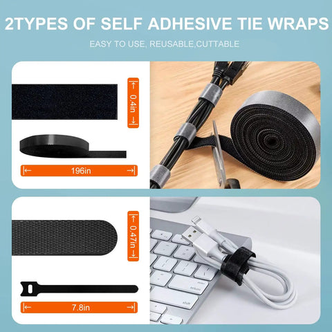 Self adhesive tie wraps from All In One Cable Management Kit For TV Desk And Car With 188 Pcs shown with keyboards and cables.