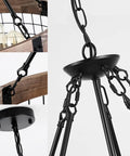 Close-up of Dope Rustic Farmhouse 19 Inch Chandelier with wood and black metal arms, showcasing chain and mounting details.