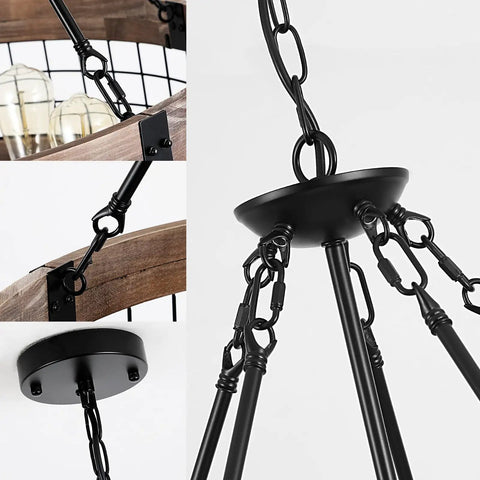 Close-up of Dope Rustic Farmhouse 19 Inch Chandelier with wood and black metal arms, showcasing chain and mounting details.