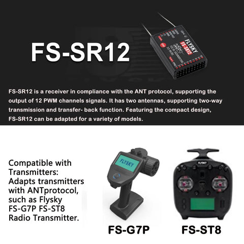 Flysky FS-SR12 Receiver 2.4GHz 12CH ANT Protocol with Dual Antennas and FS-ST8 FS-G7P transmitters for RC planes, cars, boats.