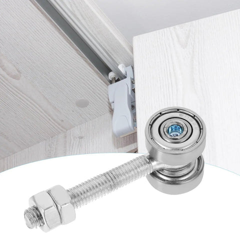 No Sweat Heavy Duty Sliding Door Roller Hanger With Double Bearing Steel Trolley Wheel, close-up view of steel trolley wheel and bolt.