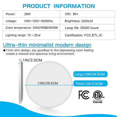 Product information and dimensions for a 9 Inch Flush Mount LED Ceiling Light 24W 1800LM No Delay IC Slim Fixture 6000K Daylight Ultra Bright.
