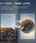 8K 360 Drone For Immersive Flight With Point To Fly Motion Control image showing 360° aerial view with hot air balloons.