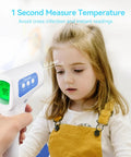Infrared Thermometer 3 In 1 For Home Use, Nursery And Family Checks Body, Room, And Object Temps, Switch Between Fahrenheit And Celsius, Smart Fever Indicator With 3 Color Backlight, Perfect For Baby, Kids And Adults. Child using white infrared thermometer for quick forehead check