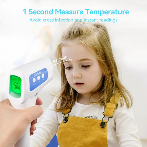 Infrared Thermometer 3 In 1 For Home Use, Nursery And Family Checks Body, Room, And Object Temps, Switch Between Fahrenheit And Celsius, Smart Fever Indicator With 3 Color Backlight, Perfect For Baby, Kids And Adults. Child using white infrared thermometer for quick forehead check