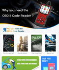Marketing image of Pro OBD2 Scanner Code Reader with Battery Tester showcasing features like turning off engine light and battery test.