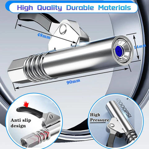 Heavy Duty Grease Gun Coupler Kit With Quick Lock Release, illustration showing dimensions and features, high pressure 12000 PSI