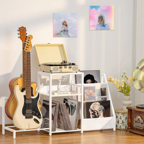 Retro Vinyl Record Player Stand With Adjustable Guitar Holder For Acoustic Or Electric Bass, Huge 150 Album Storage Space, Side Table With Magazine Rack And White Turntable Platform, Cool Vintage Shelf featuring guitars and albums.