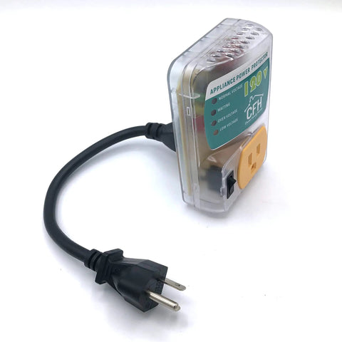 Beefy Heavy Duty 20 Amp 2400 Watt Appliance Surge Protector with Smart Circuit Plug shown with power cord and outlet saver