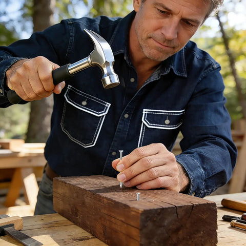 Man hammering nail into wood using the 510 Piece Stainless Steel Nails Kit With 7 Sizes For Woodworking Fencing Furniture And DIY Projects