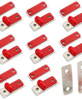 Eight Pack Ultra Thin Magnetic Cabinet Door Catch With Adhesive Mount No Drill Installation shown in silver and red parts layout