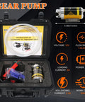 12V 100W Portable Oil Transfer Pump Kit With Self Priming Electric Motor Delivers 1 To 4 Liters Per Minute For Engine Oil Gear Oil And Lubricants Changeouts Pro Grade For Cars Boats Trucks And Lawn Mowers in carrying case with accessories and specifications visible
