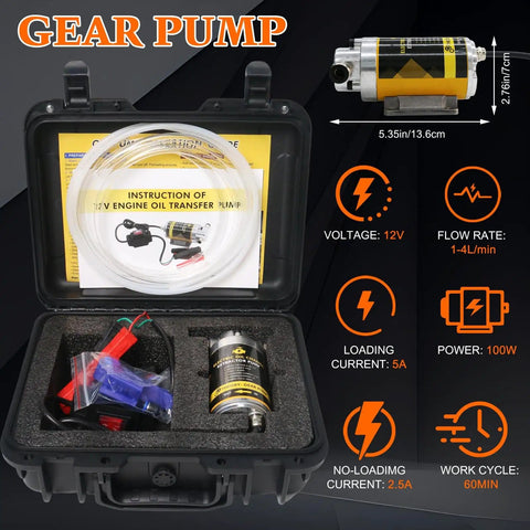 12V 100W Portable Oil Transfer Pump Kit With Self Priming Electric Motor Delivers 1 To 4 Liters Per Minute For Engine Oil Gear Oil And Lubricants Changeouts Pro Grade For Cars Boats Trucks And Lawn Mowers in carrying case with accessories and specifications visible