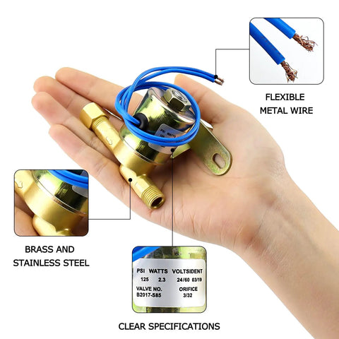 Hand holding Water Solenoid Valve Replacement 4040 for Humidifiers 24V 2.3W 60Hz 125 PSI Blue, Aprilaire Compatible