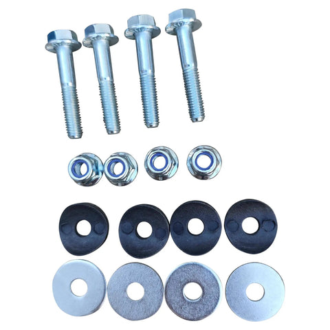 Components of 4 Bolt No Wobble Wheel Chock For Motorcycles And Dirt Bikes, including bolts, nuts, and washers displayed.