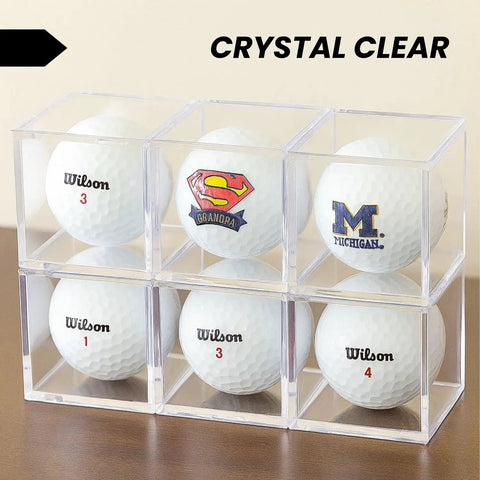 Clear Golf Ball Cube Display Case Six Pack For 360 Degree View, Dust Proof Acrylic Ball Holders with branded golf balls inside