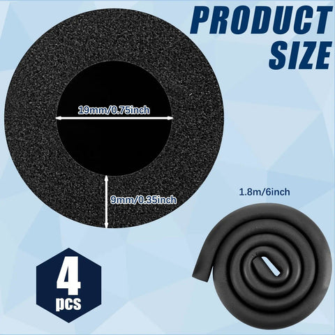 Cross-section view of Four Pack 6 Ft Foam Pipe Insulation Tubing Three Quarter Inch ID Black Pool Noodle Cover with dimensions