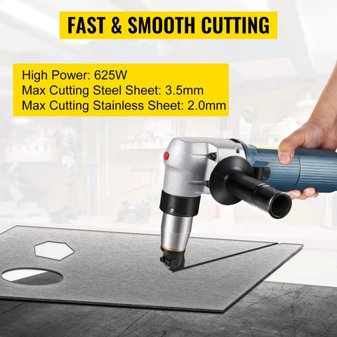 Heavy Duty 625w Electric Metal Nibbler Corded Shears cutting through a 4mm steel sheet with precision.