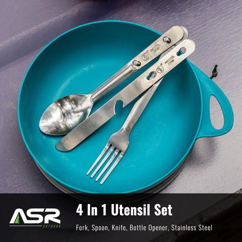 2 Pack Minimalist Camp Kitchen Utensil Set With Clip Together Knife Fork Spoon Lightweight Army Style MRE Chow Gear For Hiking And Camping, Includes Can Opener on blue plate