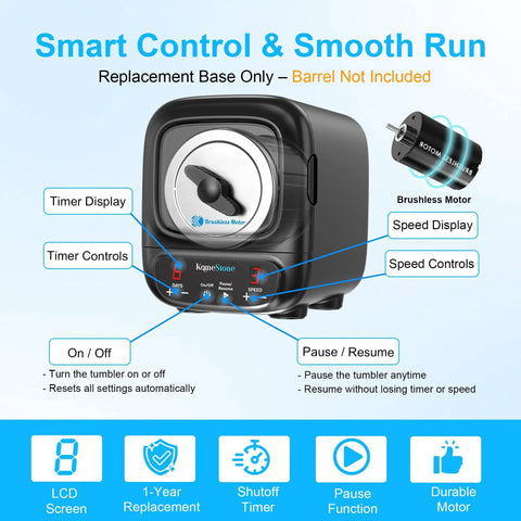 Replacement Rock Tumbler Base For K2 Elite, Plug And Play, Quiet Operation with brushless motor, product features displayed