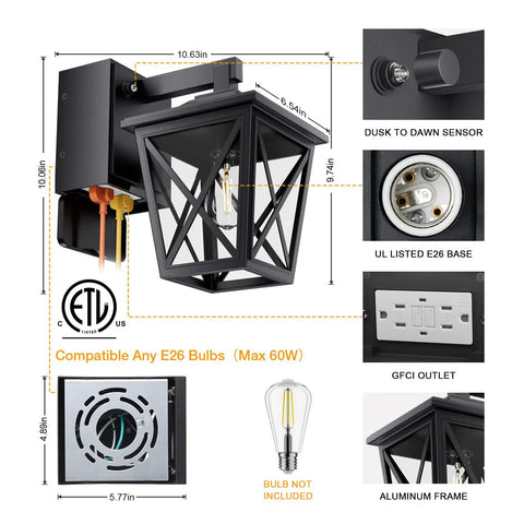 Dusk To Dawn Porch Light With Built In GFCI Outlet Black Outdoor Wall Sconce In Waterproof Anti Rust Aluminum With Two Outlets.