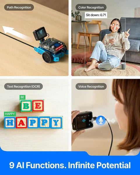 mBot2 Rover STEM Coding Robot Kit For AI Learning, Aluminum Robot With Sensors For Easy To Advanced Projects, Control With Smartphone Or Gamepad Or Auto-Program, Bluetooth And Wifi Enabled, Learn Block-Based To Python Coding, Perfect For Classrooms And, blue rover showing path, color, OCR and voice recognition