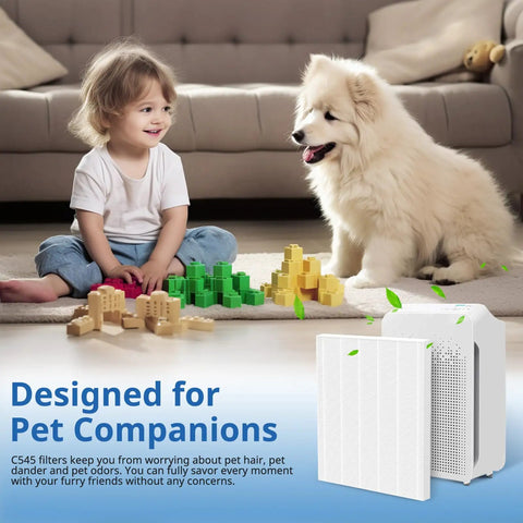 Child and dog near C545 air purifier filter, 4 Pack C545 Replacement Filter S For C545 Air Purifier, ideal for pet owners.
