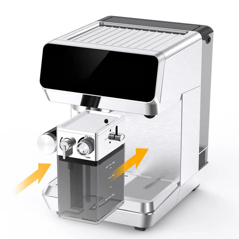 Semi Automatic Dual Boiler Espresso Machine With Auto Milk Frother For Barista Vibes, side view with frothing pitcher.