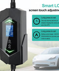 Plug And Play Level 2 Electric Vehicle Charger 40 Amp 240 Volt With Smart WiFi App Control J1772 Connector Nema 14-50 Plug showing LCD display and settings.