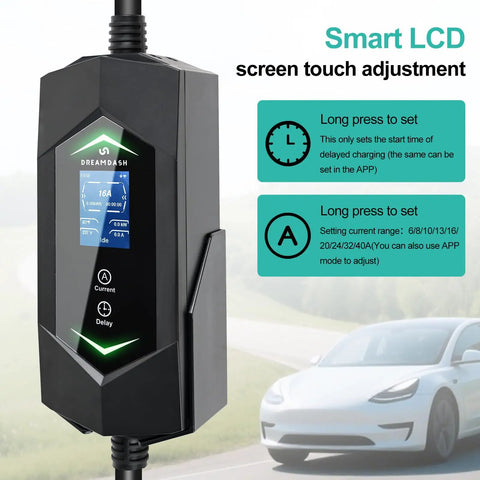 Plug And Play Level 2 Electric Vehicle Charger 40 Amp 240 Volt With Smart WiFi App Control J1772 Connector Nema 14-50 Plug showing LCD display and settings.