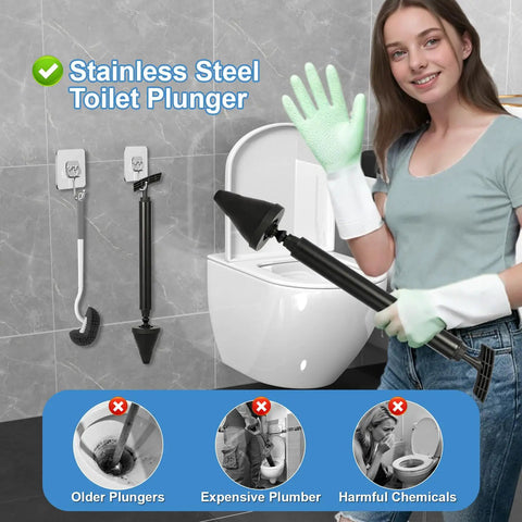 Heavy Duty Air Pressure Toilet Plunger That Will Blast Through Stubborn Kitchen Sink Or Floor Drain Clogs Fast Save A Buck Straight Up Skipping Awful Plumber Calls With Ergonomic Pump Handle And Strong Suction, displayed with gloves.